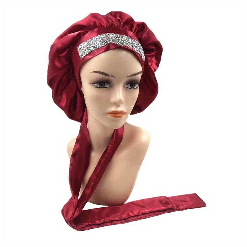 Rhinestone Decor Satin Bonnet Soft Satin Shower Cap