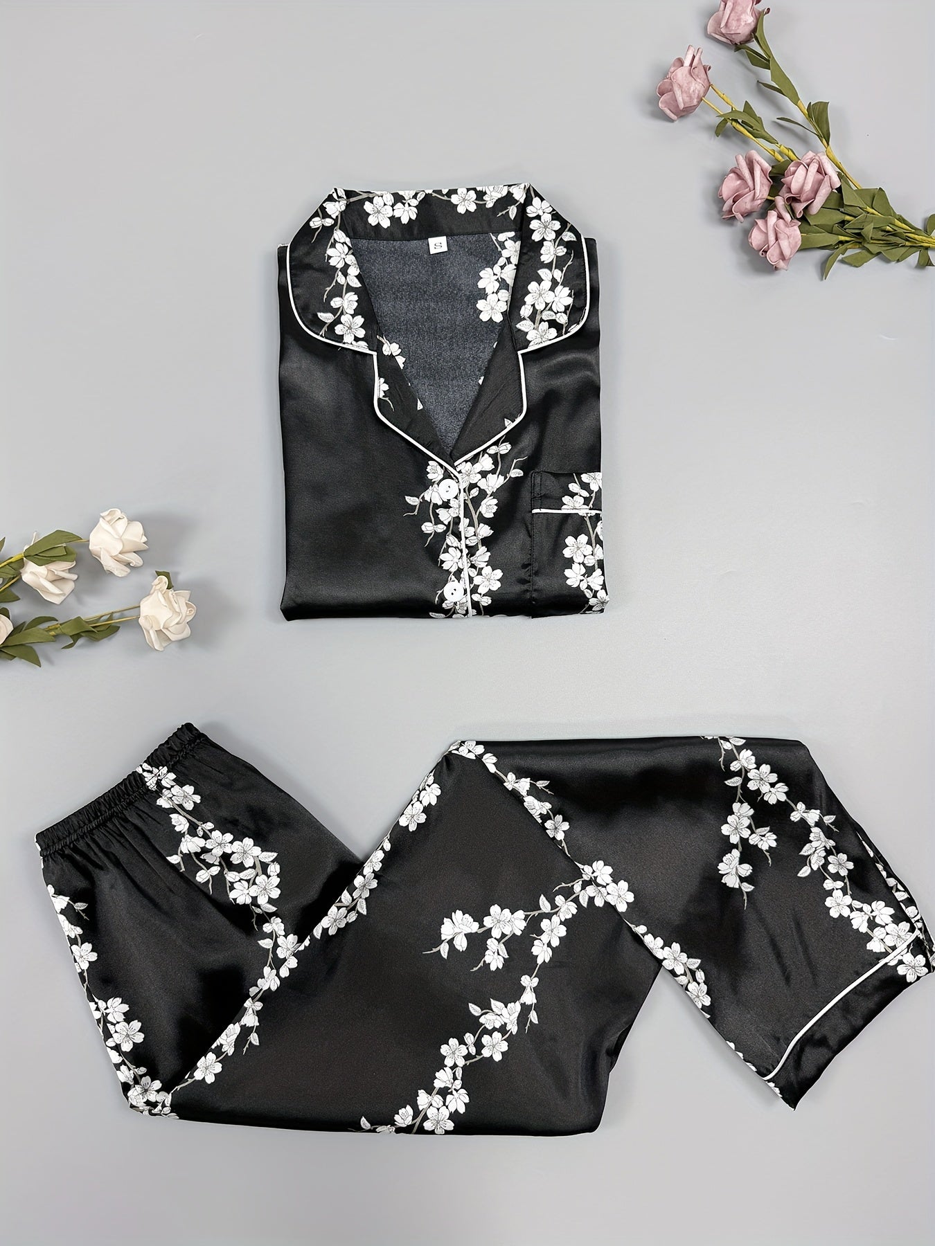 Floral Print Satin Pajama Set Contrast Trim Long Sleeve Button Up Top & Pants