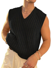 Men's Retro Style V Neck Knitted Vest in Stripe Textured Pattern