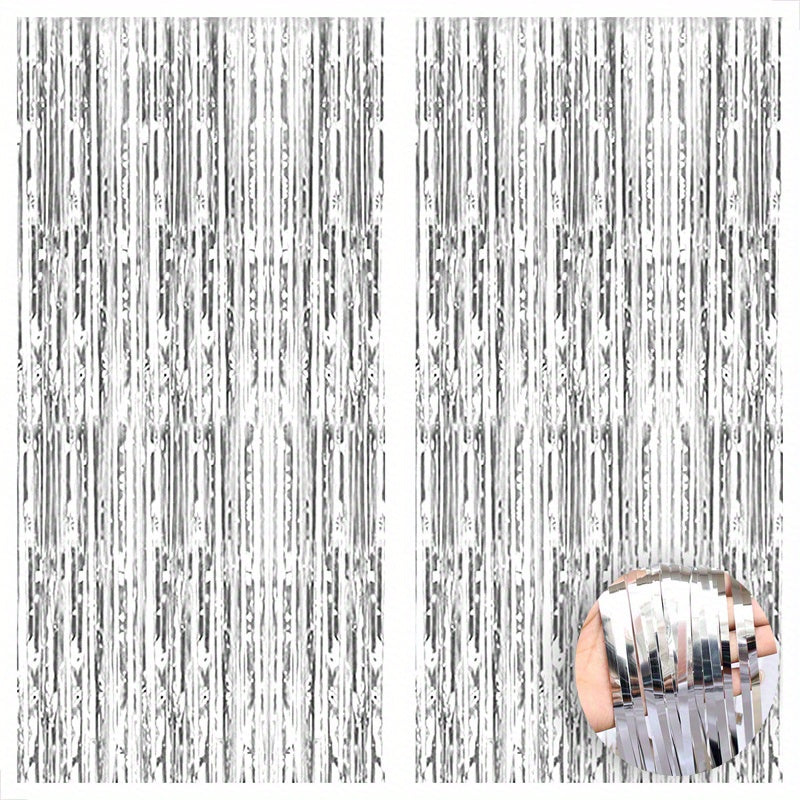 2 Pack Silvery Tinsel Curtain Party Backdrop Metallic Foil Fringe Door Fringe