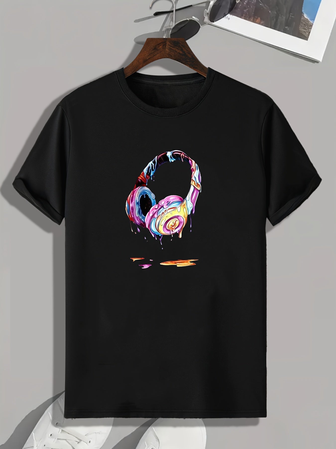 Colorful Headphone Print Men's Graphic T shirt - Casual Comfy Tees