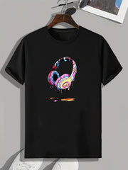 Colorful Headphone Print Men's Graphic T shirt - Casual Comfy Tees