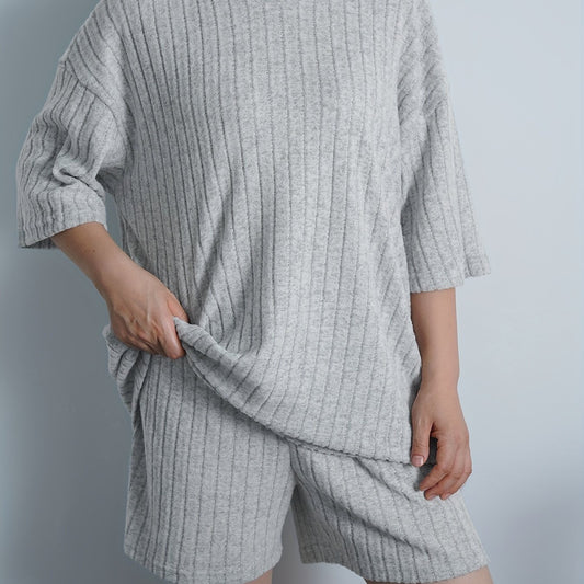 Ribbed Knit Sweater Set Short Sleeve Pullover & Short