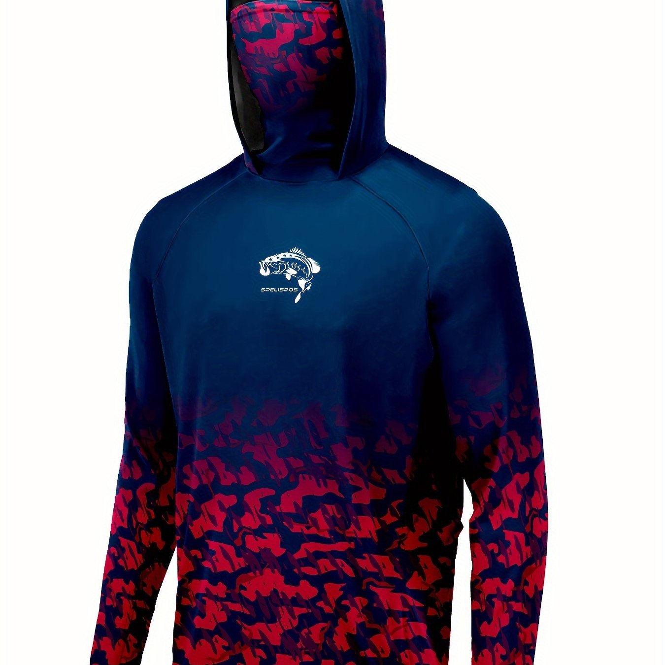 Men's Block Pattern Hoodie With Mask Sun Protection Fishing Shirt