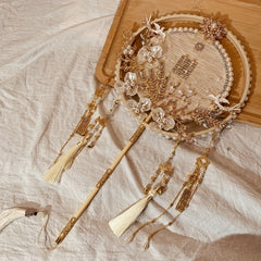 Chinese Wedding Golden Red Fan with Faux Pearl Flower Pendant