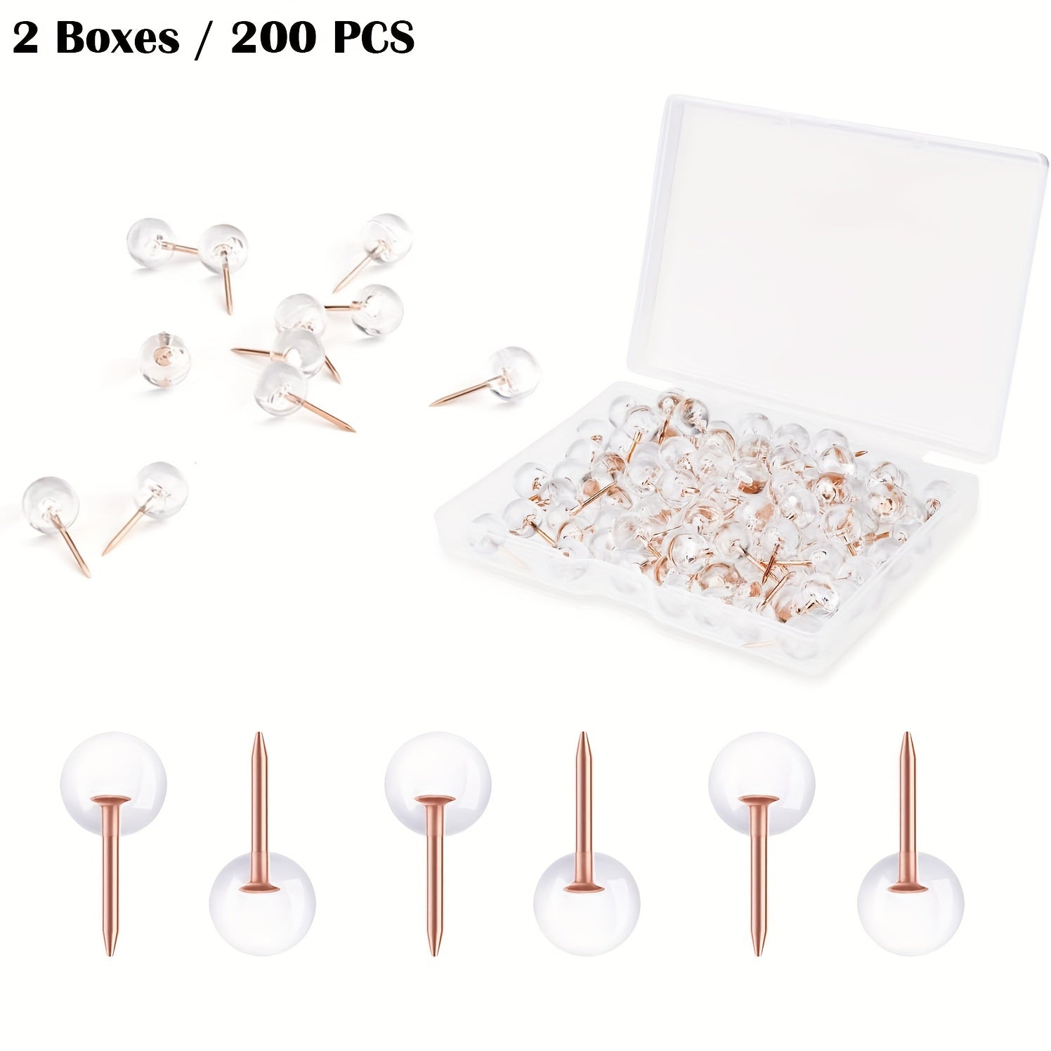 200pcs Transparent Round Ball Head Push Pins & Rose Golden Steel Point Map Tacks
