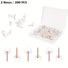 200pcs Transparent Round Ball Head Push Pins & Rose Golden Steel Point Map Tacks