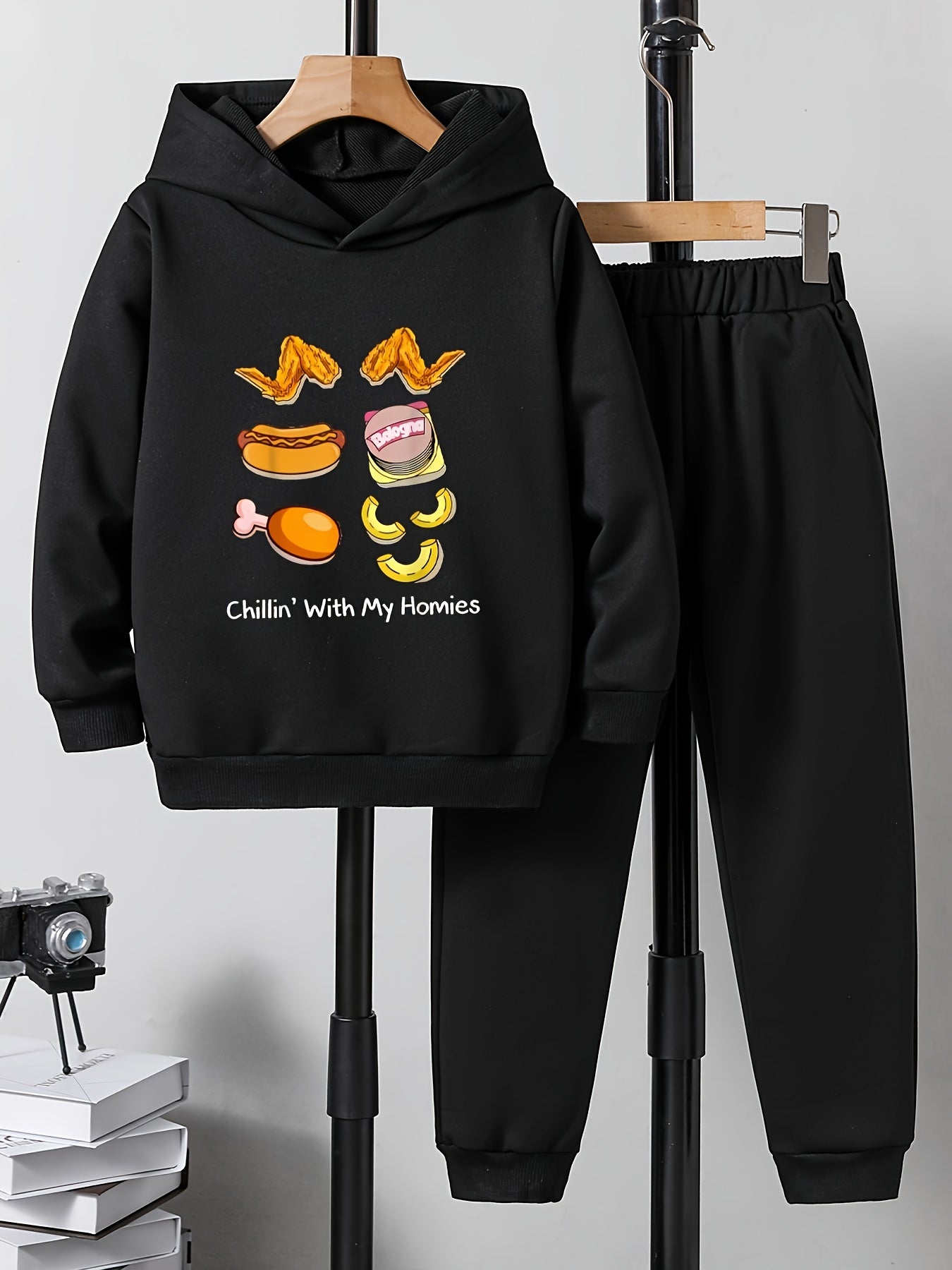 2pcs Food Print Boys Hoodie Kids Casual Long Sleeve Loose Hooded Sweatshirt