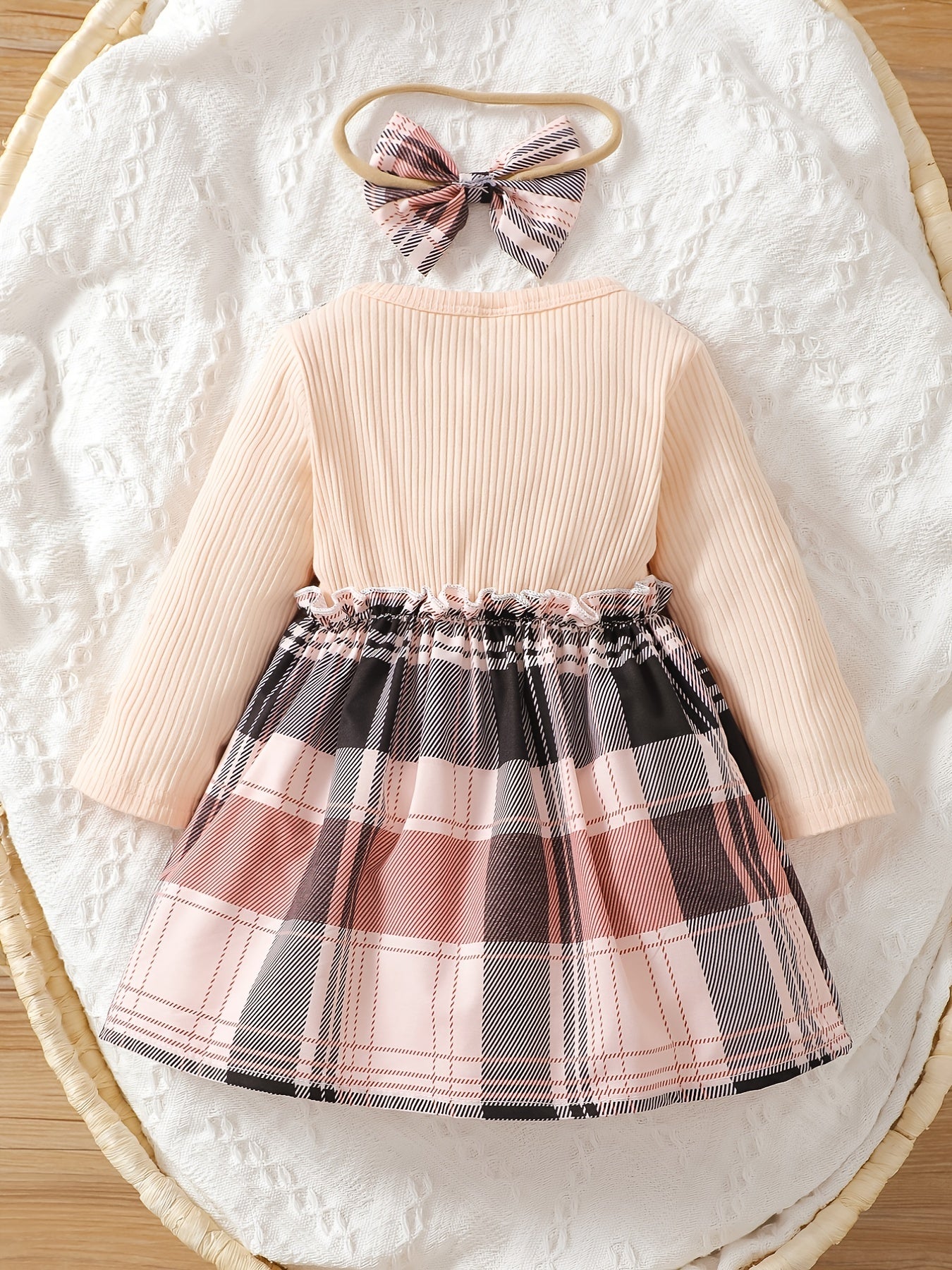 2pc Toddler Girls Bow Plaid Skirt Set Long Sleeve Knit Sweater Dress Headband