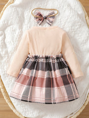 2pc Toddler Girls Bow Plaid Skirt Set Long Sleeve Knit Sweater Dress Headband