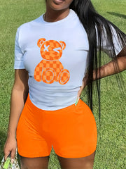 Cartoon Bear Print Tee & Slim Shorts Set Women's Outfit