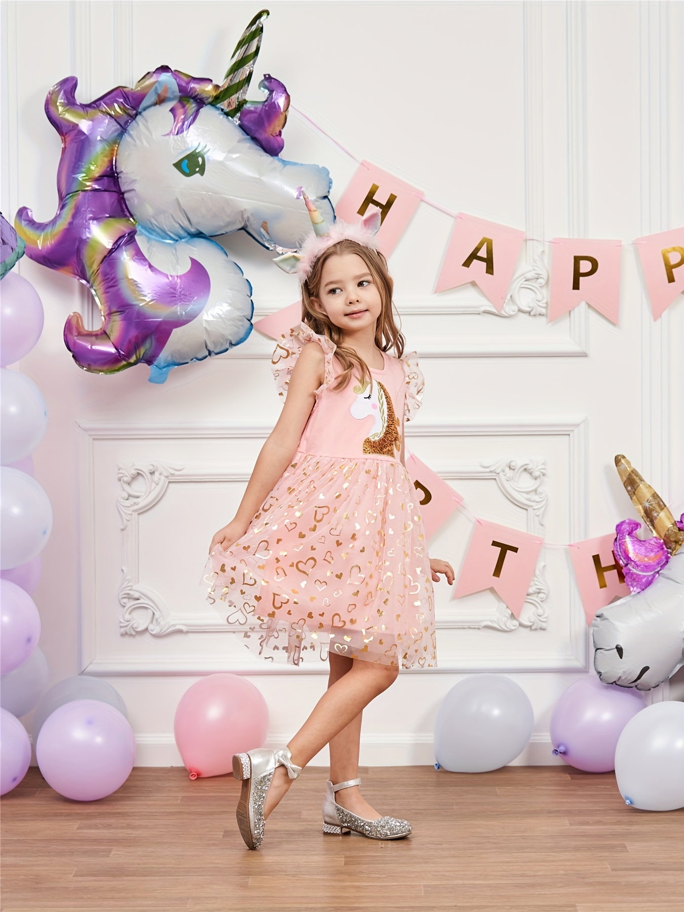 Girls Unicorn Embroidery Heart Patchwork Dress