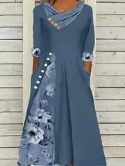 Colorblock Floral Print Half Sleeve Dress with Pockets