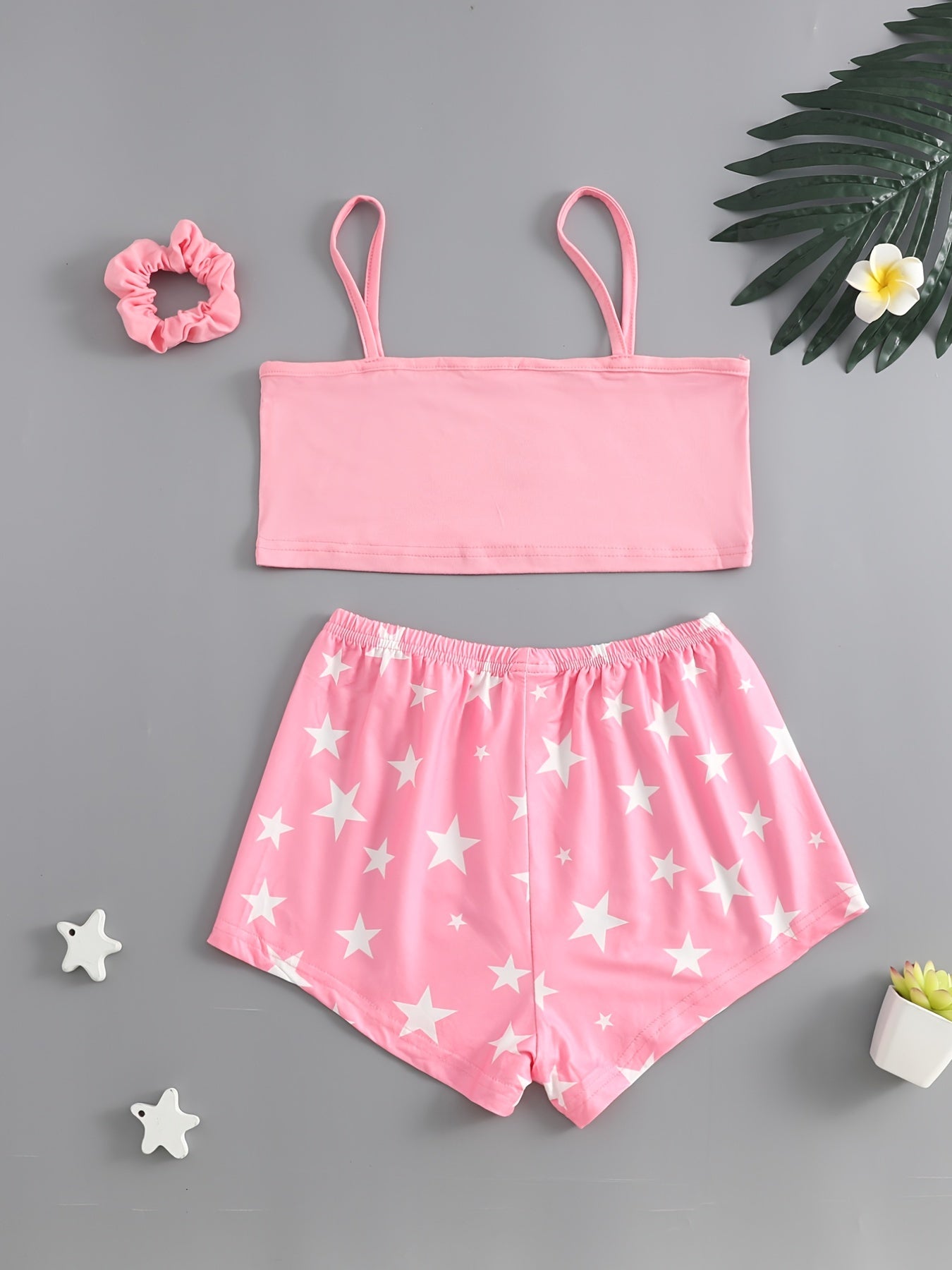 Girls Star Print Tank Top Shorts Set with Hair Band