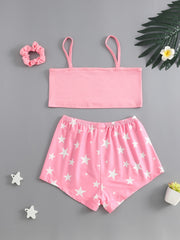 Girls Star Print Tank Top Shorts Set with Hair Band