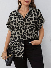 Women's Plus Leopard Button Up Bat Sleeve Blouse