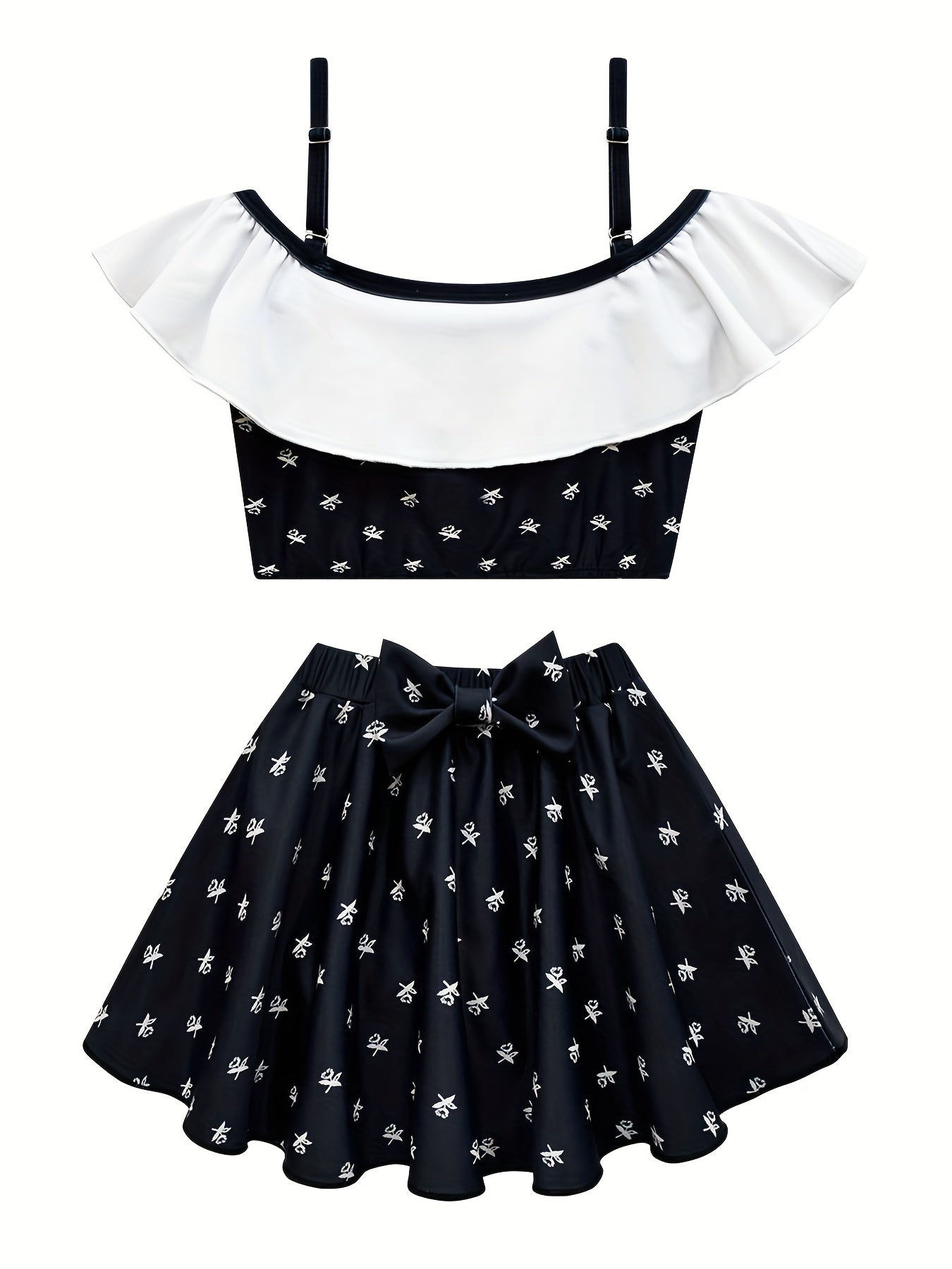 Girl's Floral Pattern Bikini Set Ruffle Decor Swimsuit Cami Top & Briefs