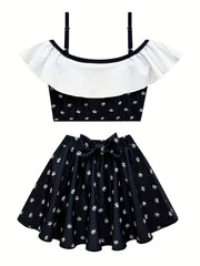 Girl's Floral Pattern Bikini Set Ruffle Decor Swimsuit Cami Top & Briefs