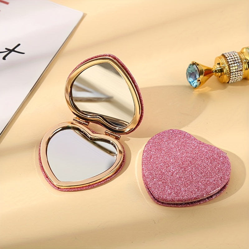 Glitter Pink Heart Shaped Mirror for Girls and Women - Makeup and Travel
