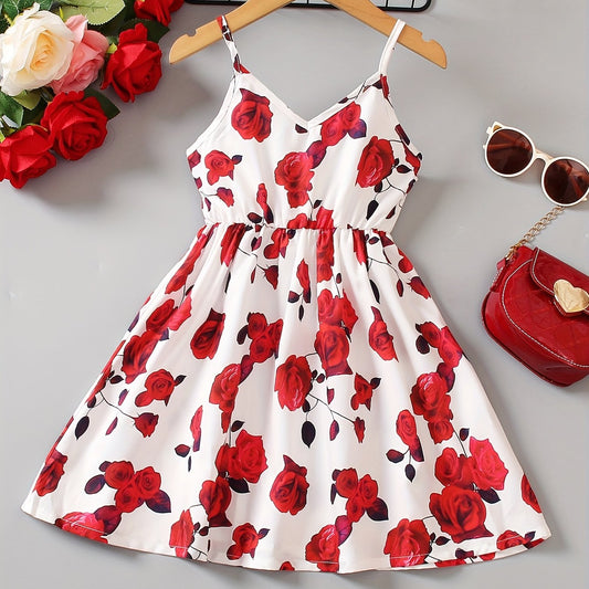 Girls Rose Print High Waist Cami Dress for Summer