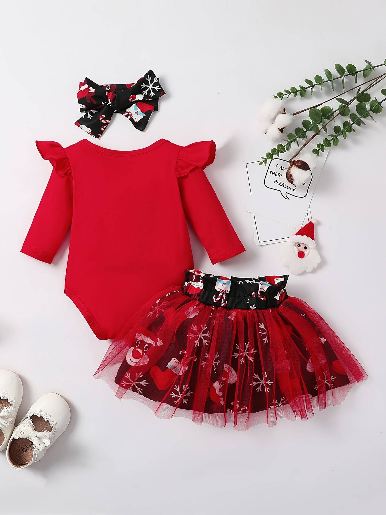 Baby Girls Christmas Outfit Long Sleeve Romper & Snowman Tulle Dress Set