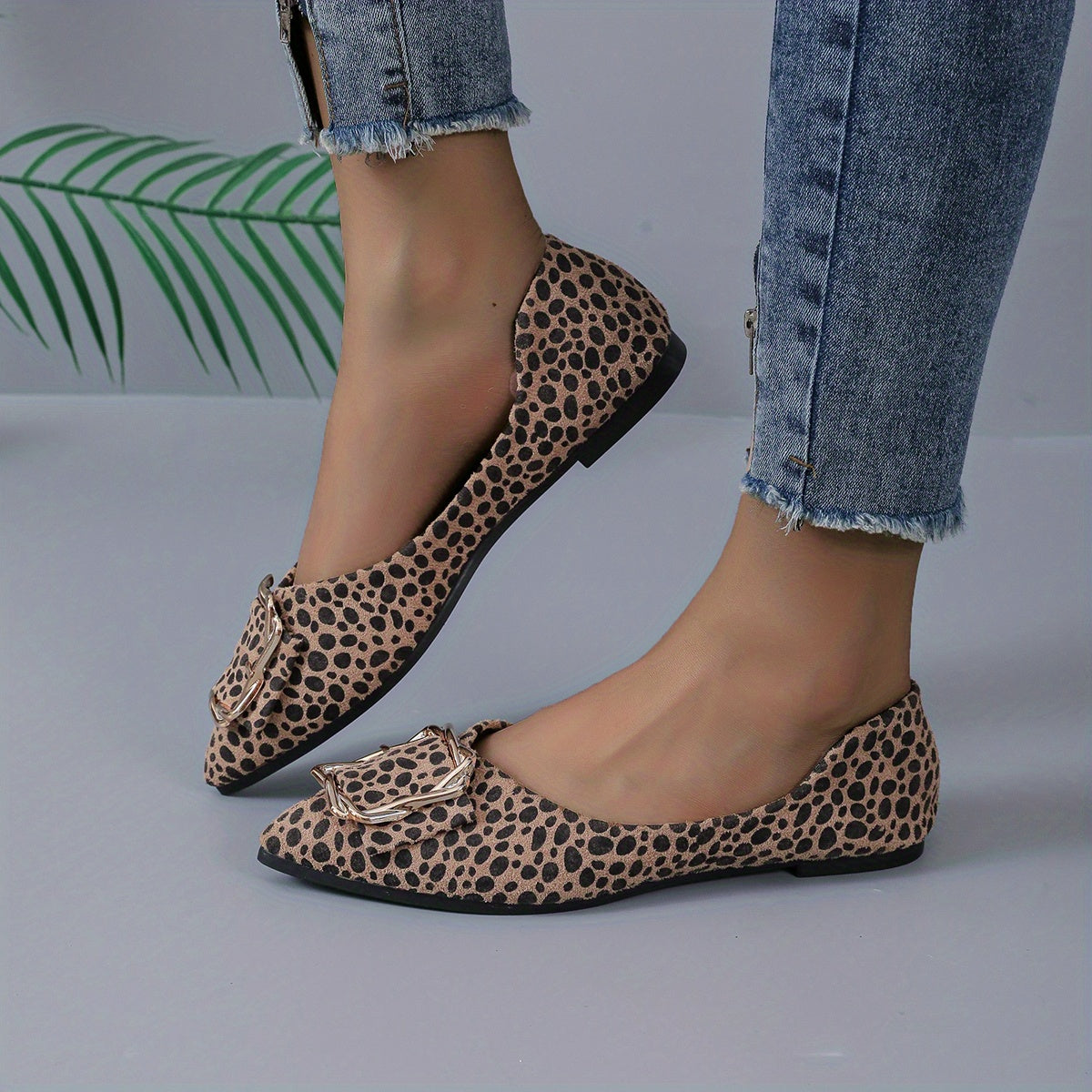 Leopard Print Flats Buckle Pointed Toe Slip On Ballet Flats