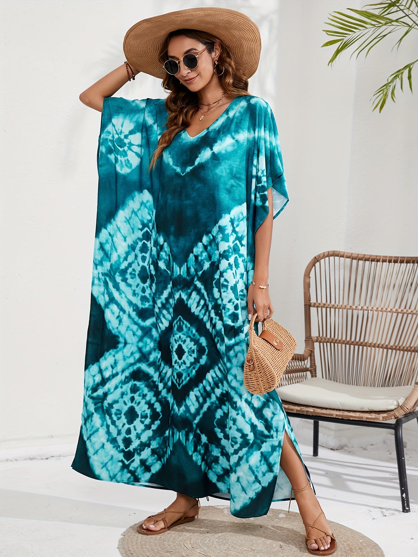 Boho Cover Up Tie Dye Batwing Sleeve V Neck Kaftan Beach Dress