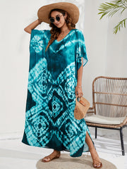 Boho Cover Up Tie Dye Batwing Sleeve V Neck Kaftan Beach Dress