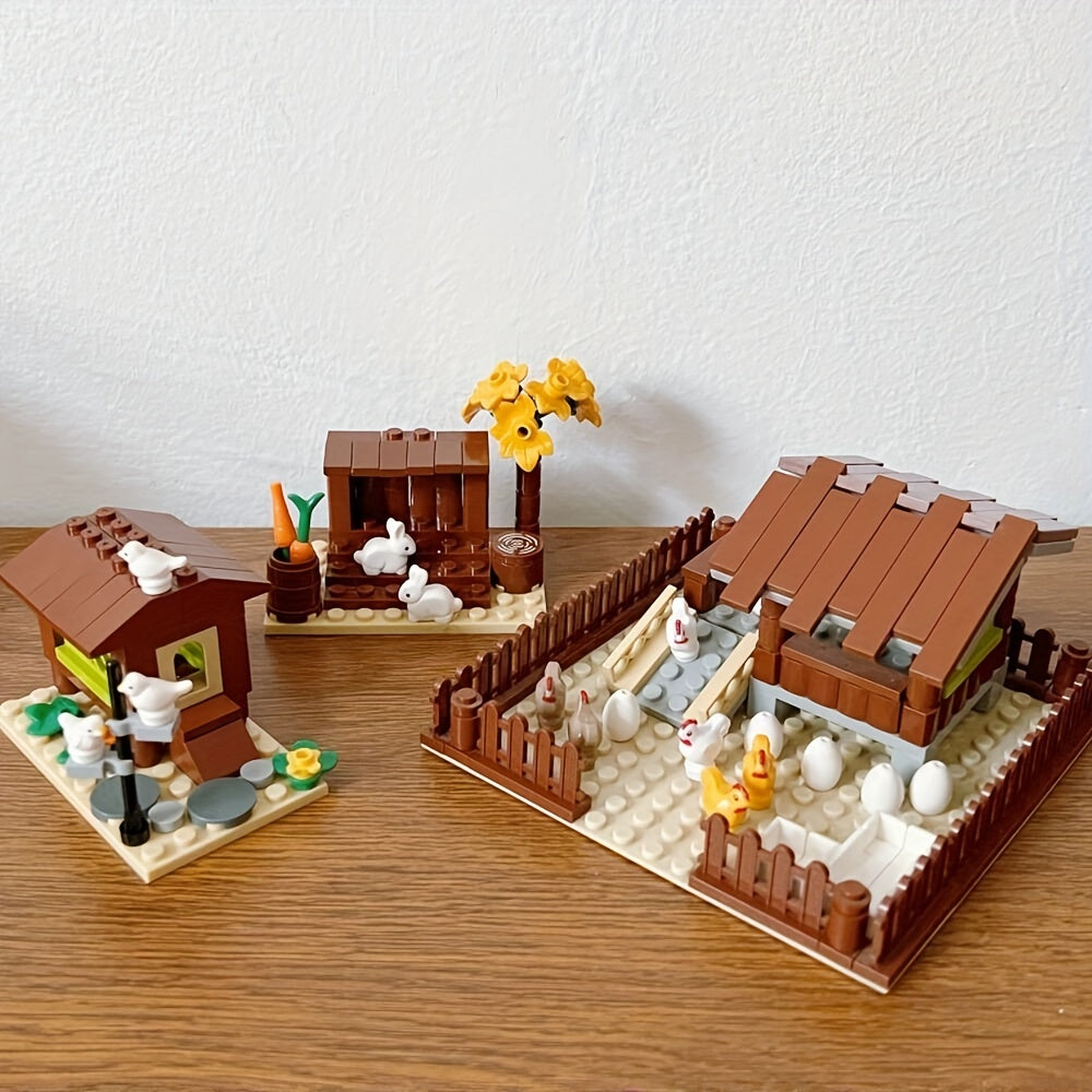 IDEAMOC Farm Animal Building Blocks Set Chicken Coop Rabbit & Bird Figures