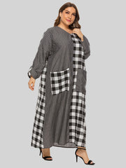 Colorblock Plaid Pattern Maxi Dress Women's Plus Casual V Neck Long Dress