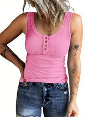 Ribbed Button Front Tank Top Sleeveless Crew Neck Casual Summer Women's Clothing