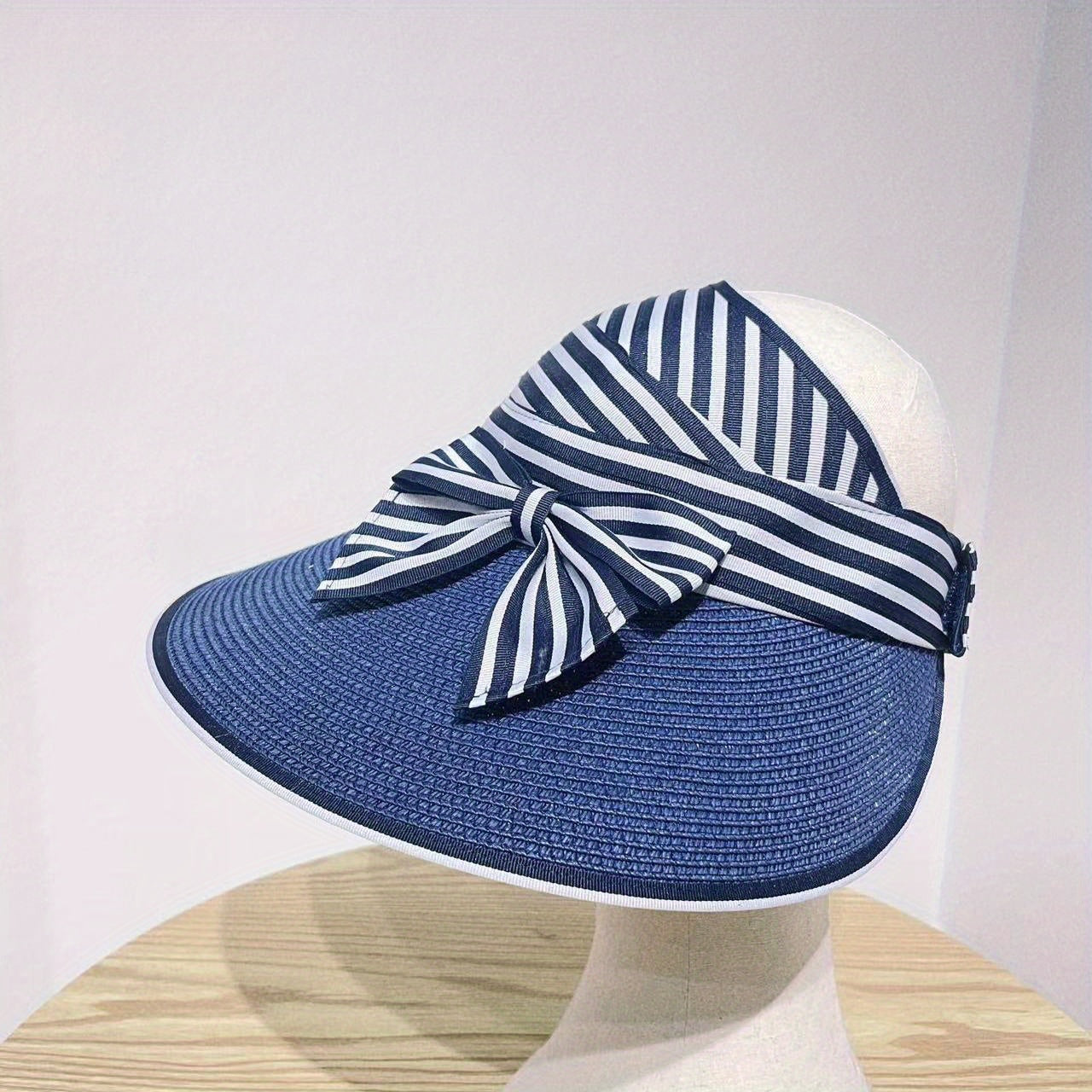 Striped Ponytail Sun Hat Straw Visor Bowknot Beach Hat for Women