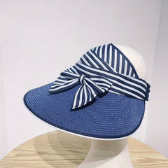 Striped Ponytail Sun Hat Straw Visor Bowknot Beach Hat for Women