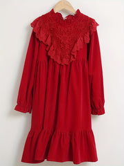 Girls' Solid Ruffle Trim Long Sleeve Dress For Christmas Party