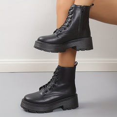 Platform Combat Boots Lace Up Zipper Ankle Faux Leather Short Boots