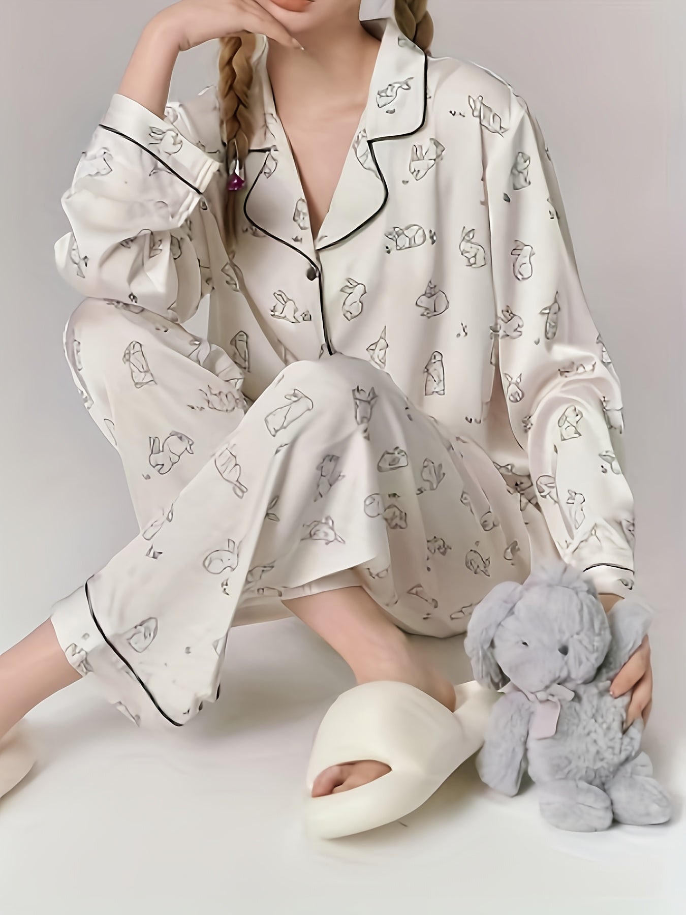 Rabbit Print Pajama Set Long Sleeve Top & Pants Women's Sleepwear