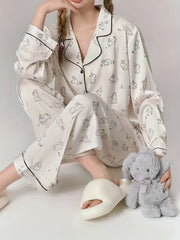 Rabbit Print Pajama Set Long Sleeve Top & Pants Women's Sleepwear