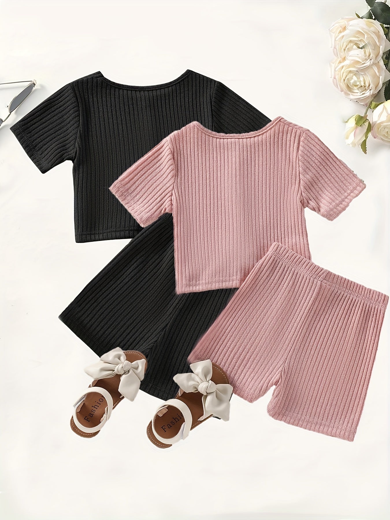 2pcs Toddler Girls Clothes Knot Front Tee Shorts Set