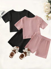 2pcs Toddler Girls Clothes Knot Front Tee Shorts Set