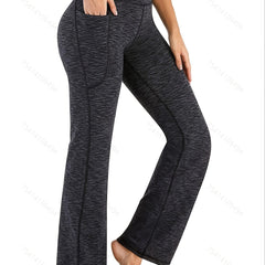 Solid Side Pocket Wide Legs Pants High Waist Bell Bottom Yoga Sports Pants
