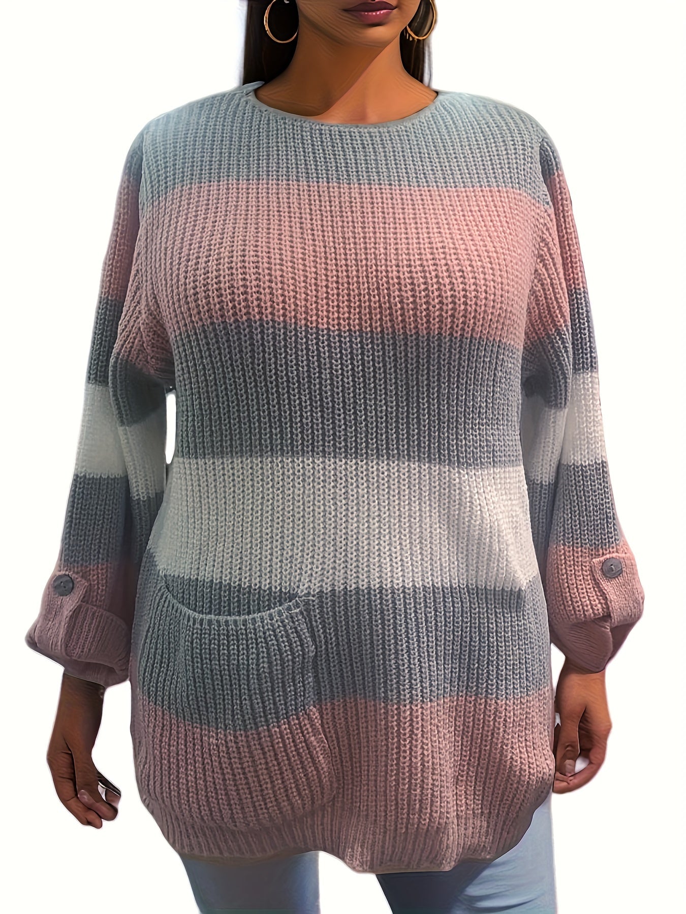 Colorblock Buckle Sweater with Pockets