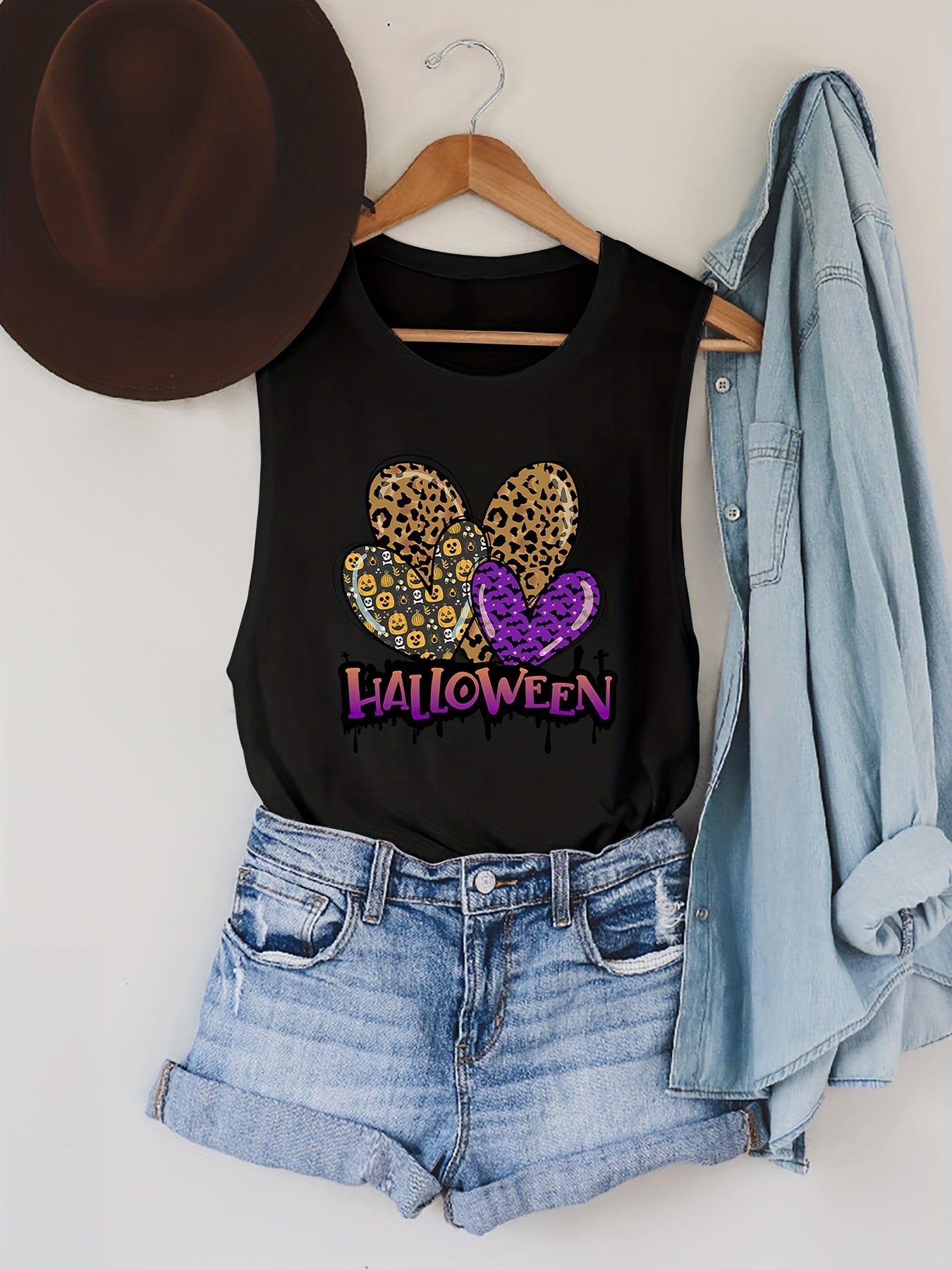 Halloween Heart Print Tank Top Sleeveless Crew Neck Summer Top