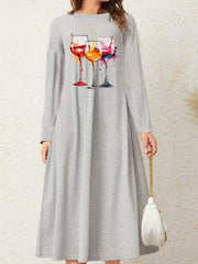 Wine Glasses Print Long Sleeve Nightdress