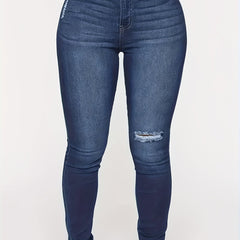 Navy Ripped Holes Skinny Jeans Slim Fit High Stretch Curvy Denim Pants