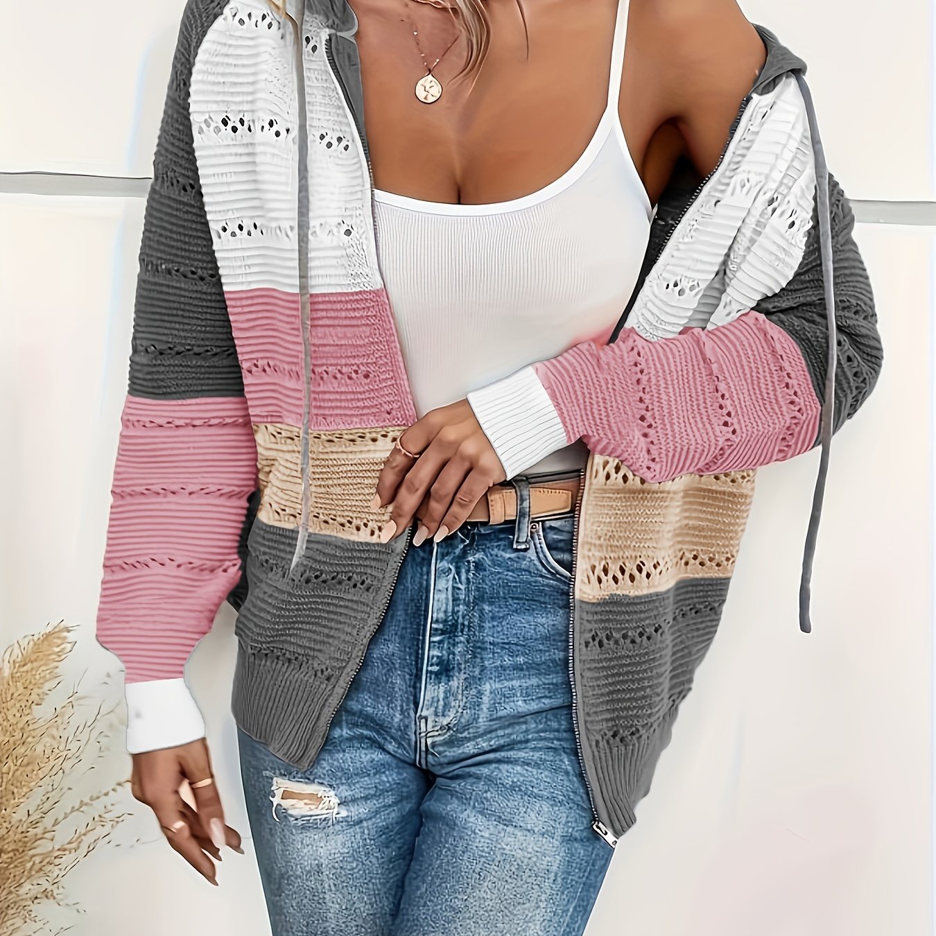Women's Plus Colorblock Knitted Long Sleeve Zipper Up Hooded Cardigan