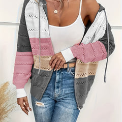 Women's Plus Colorblock Knitted Long Sleeve Zipper Up Hooded Cardigan