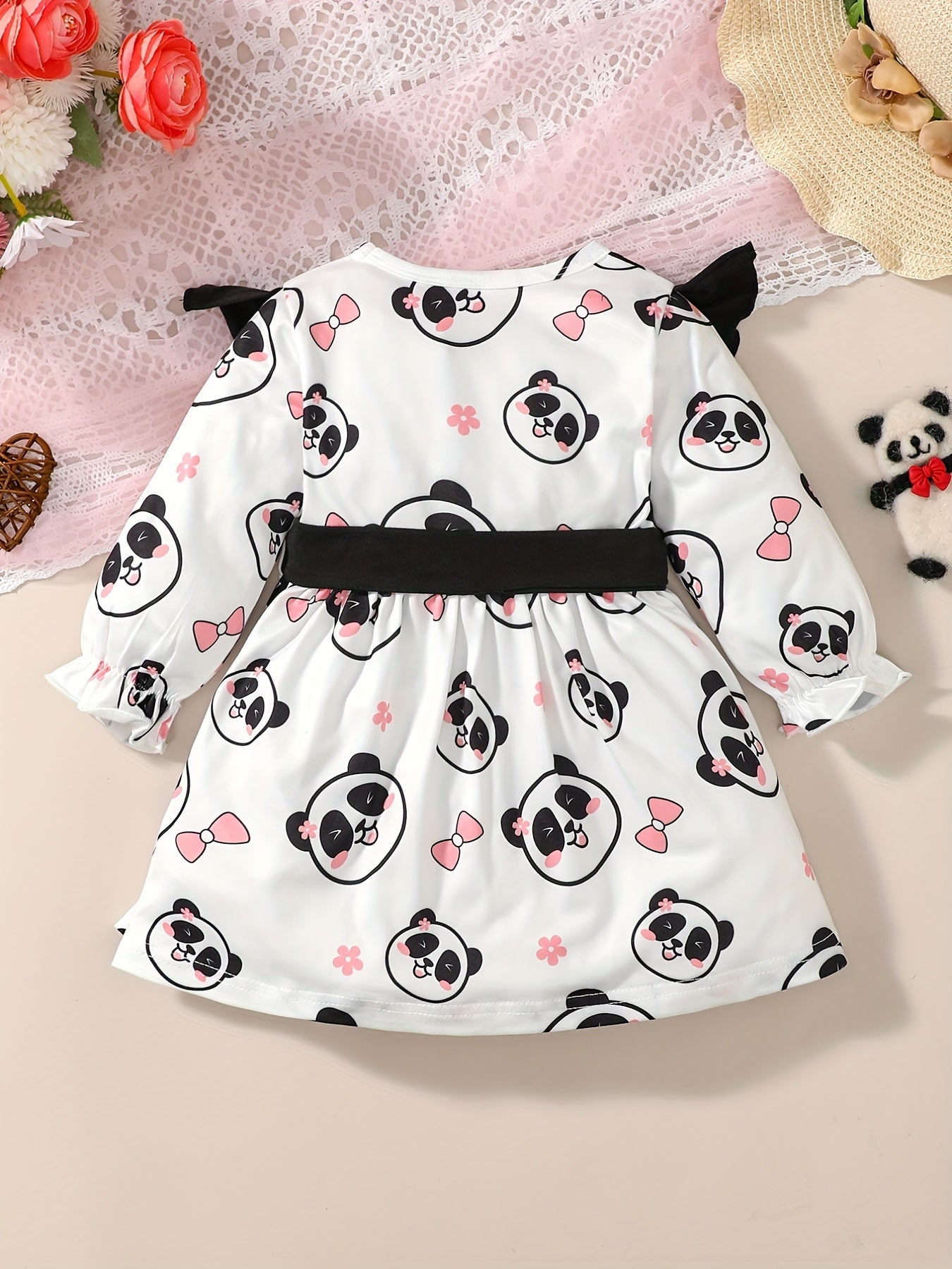 Baby Girls Bear Print Flying Sleeve Dress with Belt