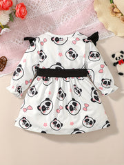 Baby Girls Bear Print Flying Sleeve Dress with Belt