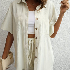 Two Piece Set Button Front Shirt & Drawstring Shorts