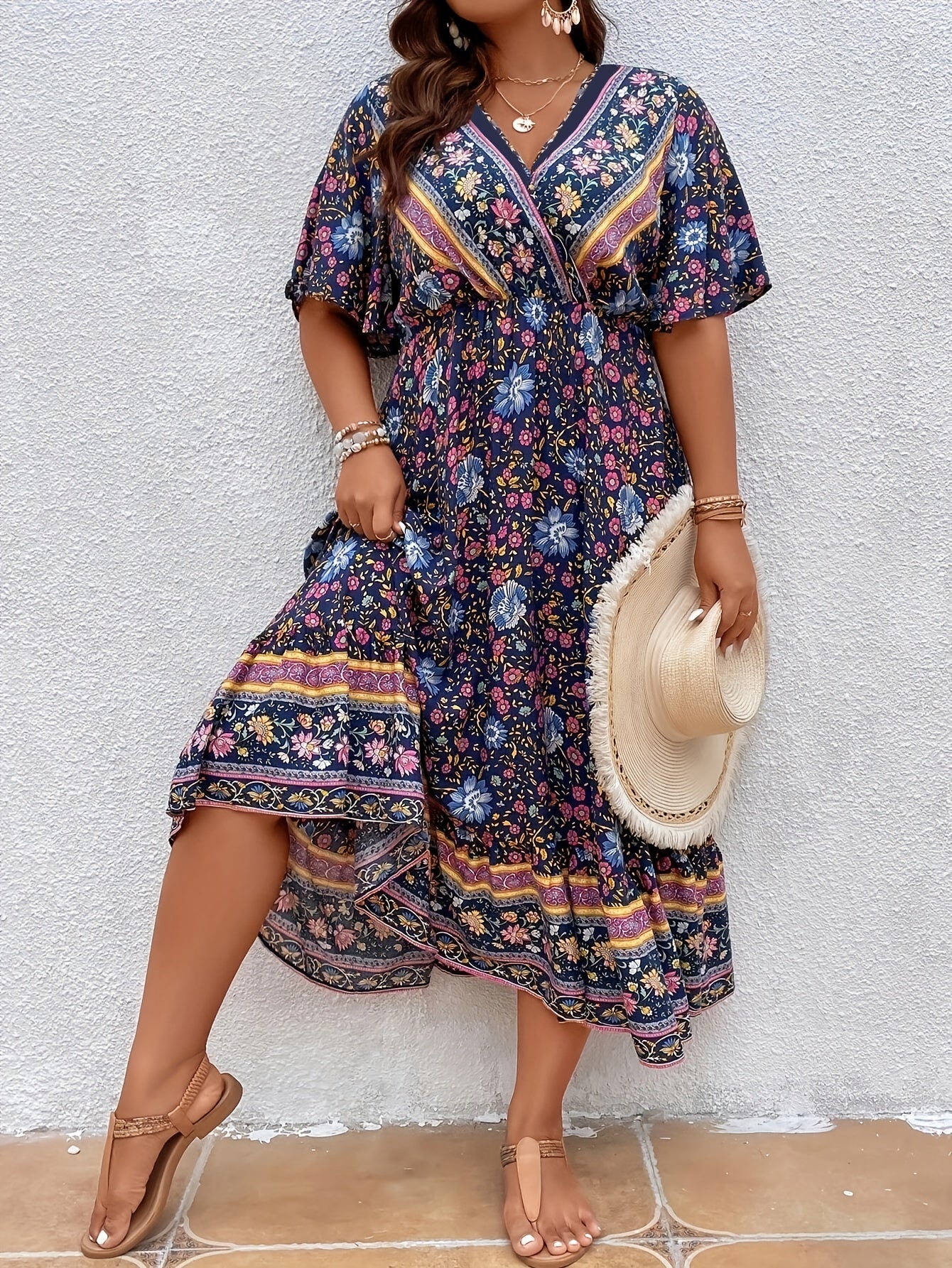 Boho Dress Women's Plus Floral Print Short Sleeve Dress